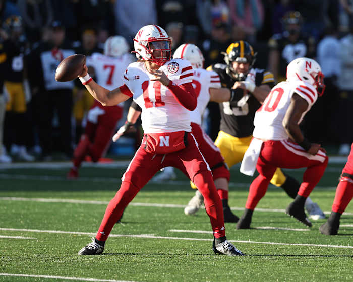 Nov 25, 2022; Iowa City, Iowa, USA; Nebraska Cornhuskers quarterback Casey Thompson throws a pass against the Iowa Hawkeyes at Kinnick Stadium. Mandatory Credit: Reese Strickland-USA TODAY Sports